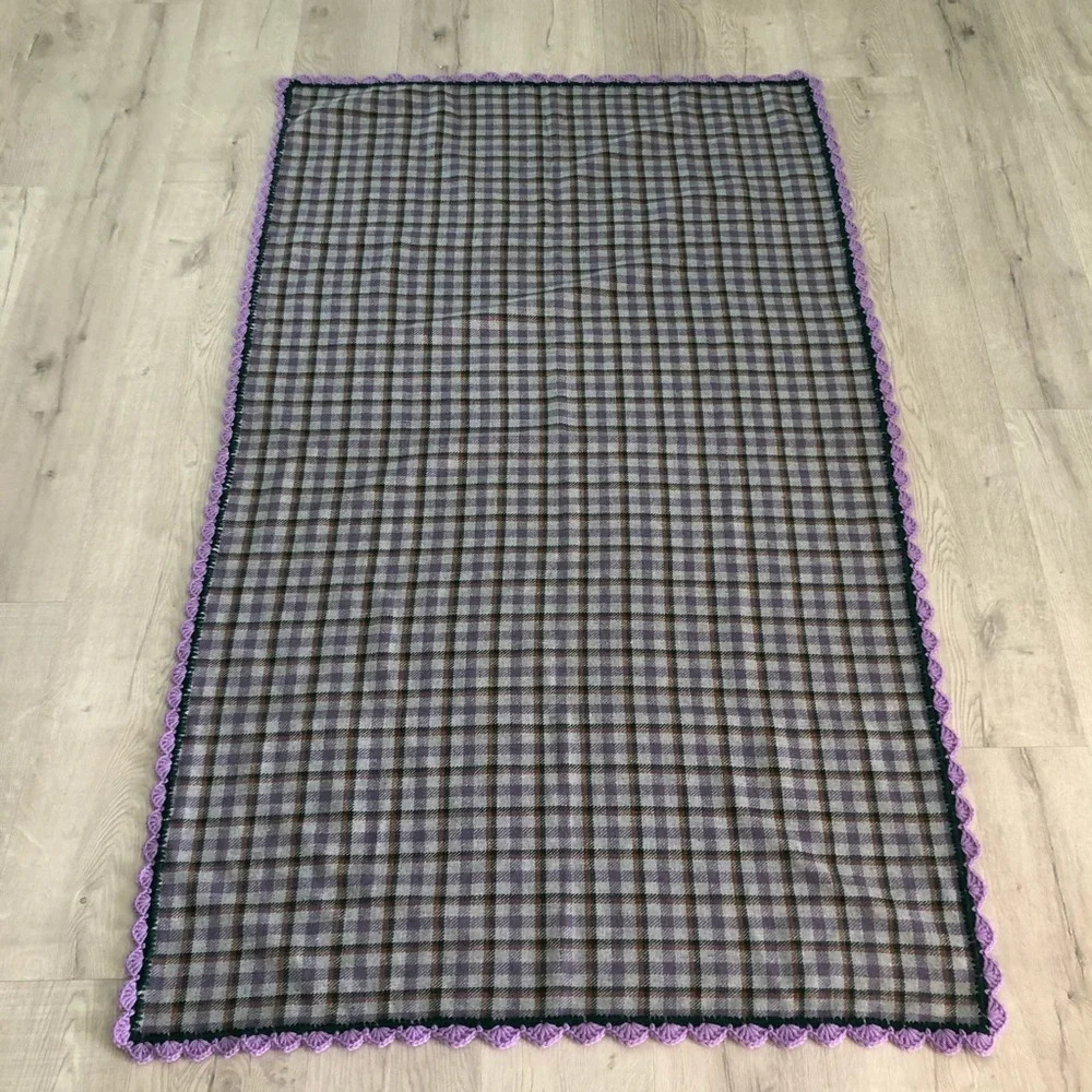 Handmade Wool Plaid Throw Crocheted Lace Trim